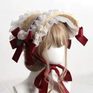 Country lolita straw bonnet with burgundy red satin bow and white ruffled lace featuring artificial pink peony, back three-quarter angle on display mannequin
