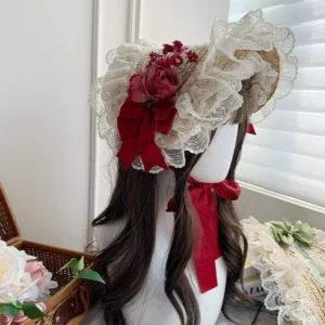 Beige cream country lolita straw flat cap with red satin bow and fabric flowers displayed on mannequin with ruffled lace trim detail