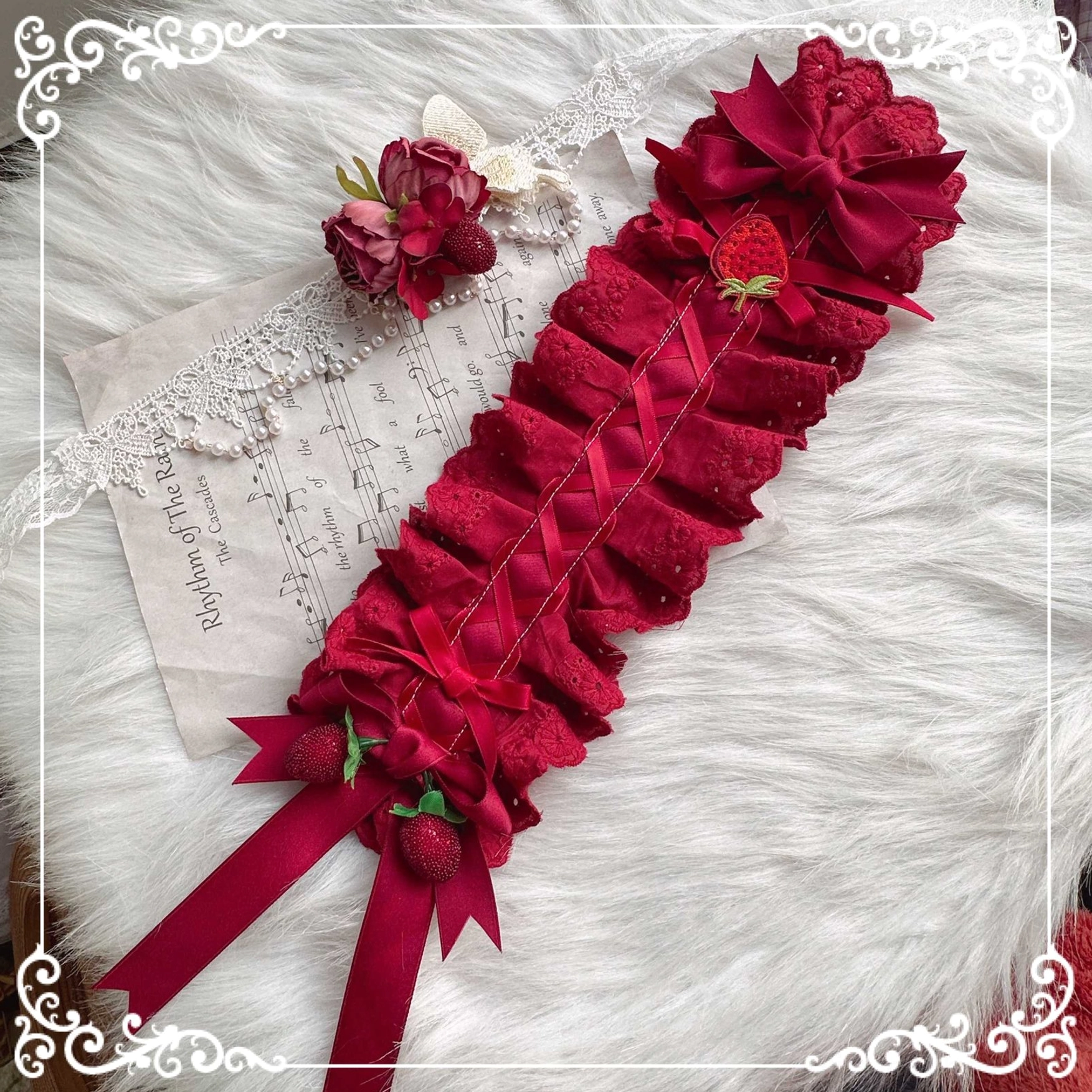 Country Lolita handmade straw woven sun hat pastoral style headdress with wine red satin bow and floral decorations