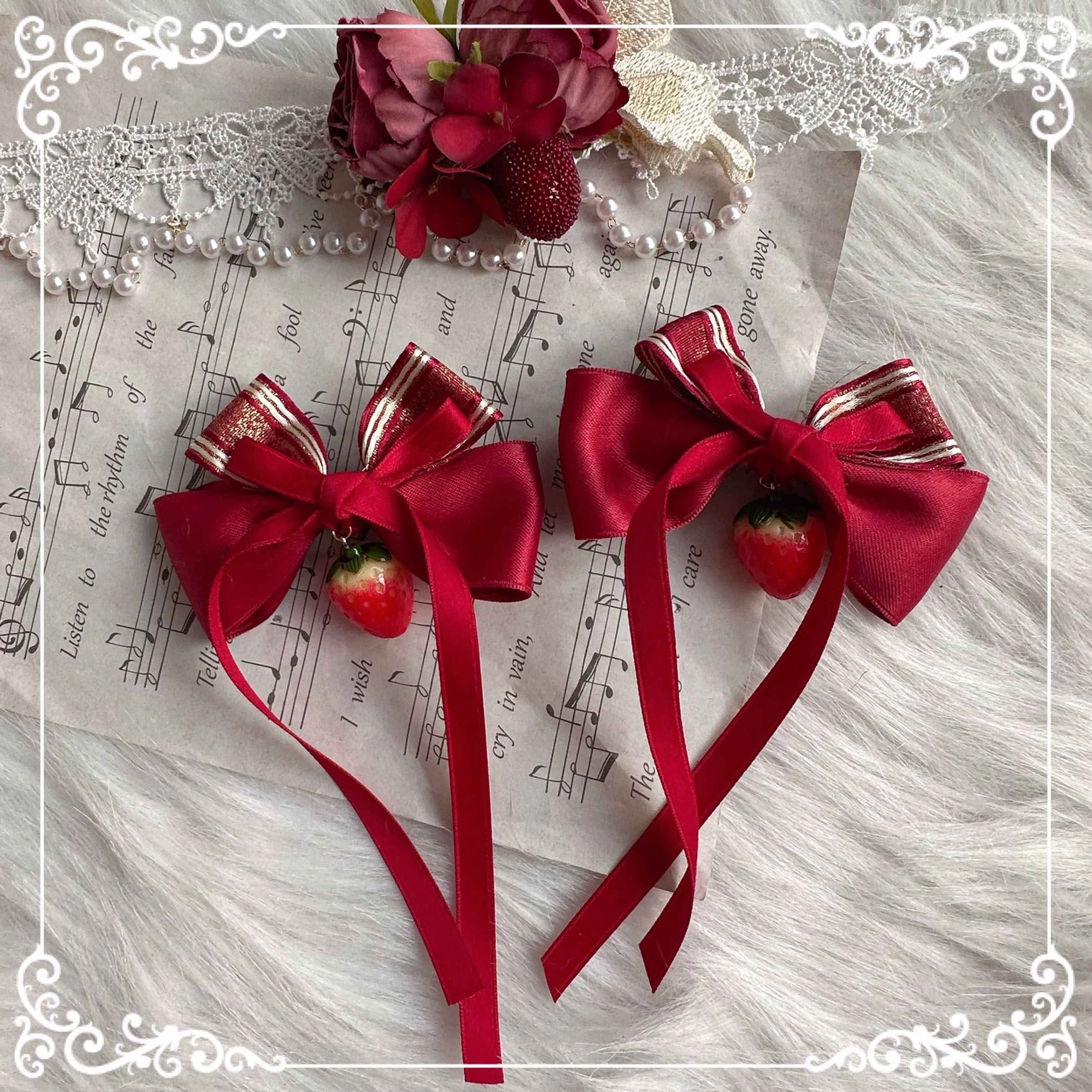 Strawberry hair clip country Lolita handmade accessory simple elegant design wine red cream tone pearl embellishments