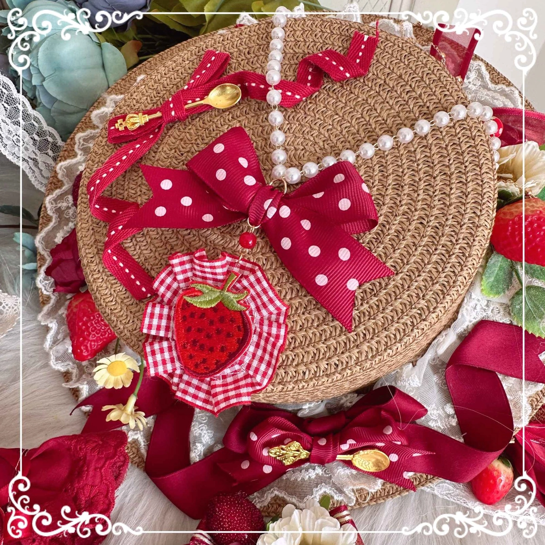 Country Lolita handmade strawberry hair clip accessory wine red cream tones pearl bead embellishments elegant design