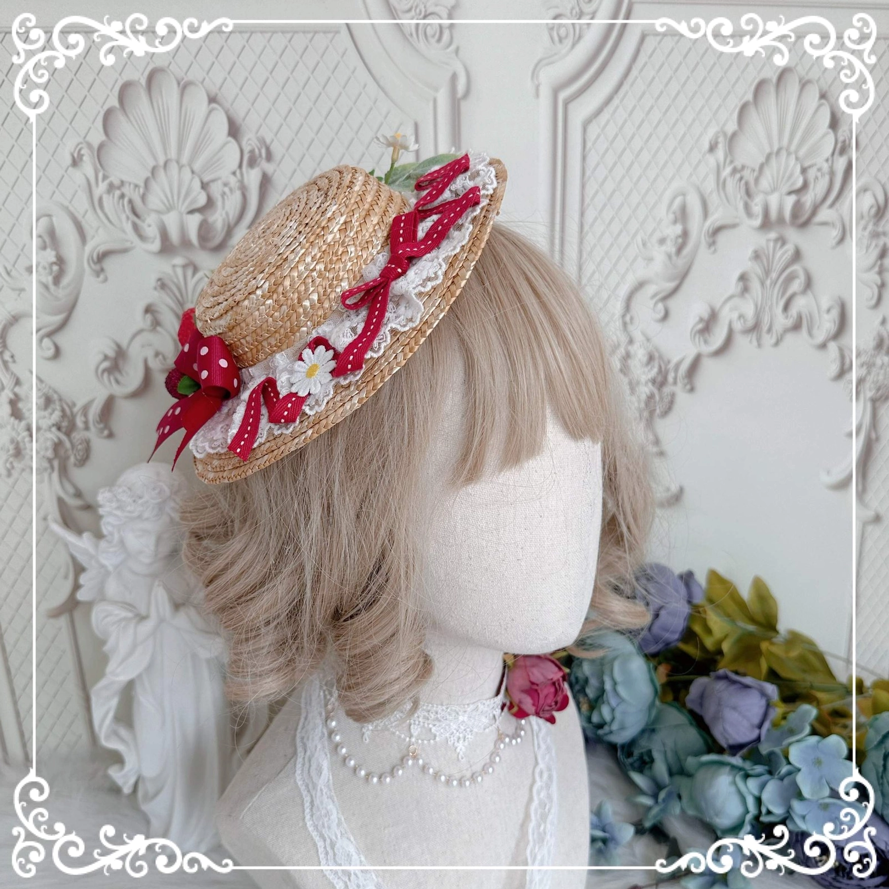 Strawberry long necklace country Lolita handmade accessory with pendant charm and decorative chain for elegant coordinate
