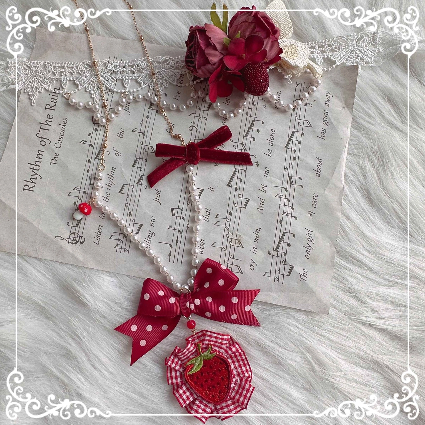 Strawberry long necklace country Lolita handmade accessory wine red pendant chain elegant coordinate essential