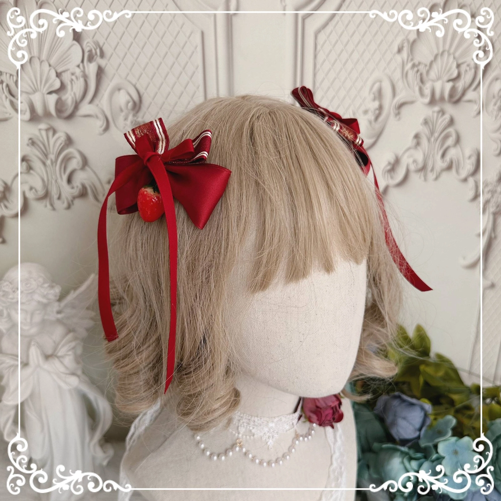 Handmade country Lolita wicker bag natural woven material wine red ribbon handles strawberry decorative embellishments