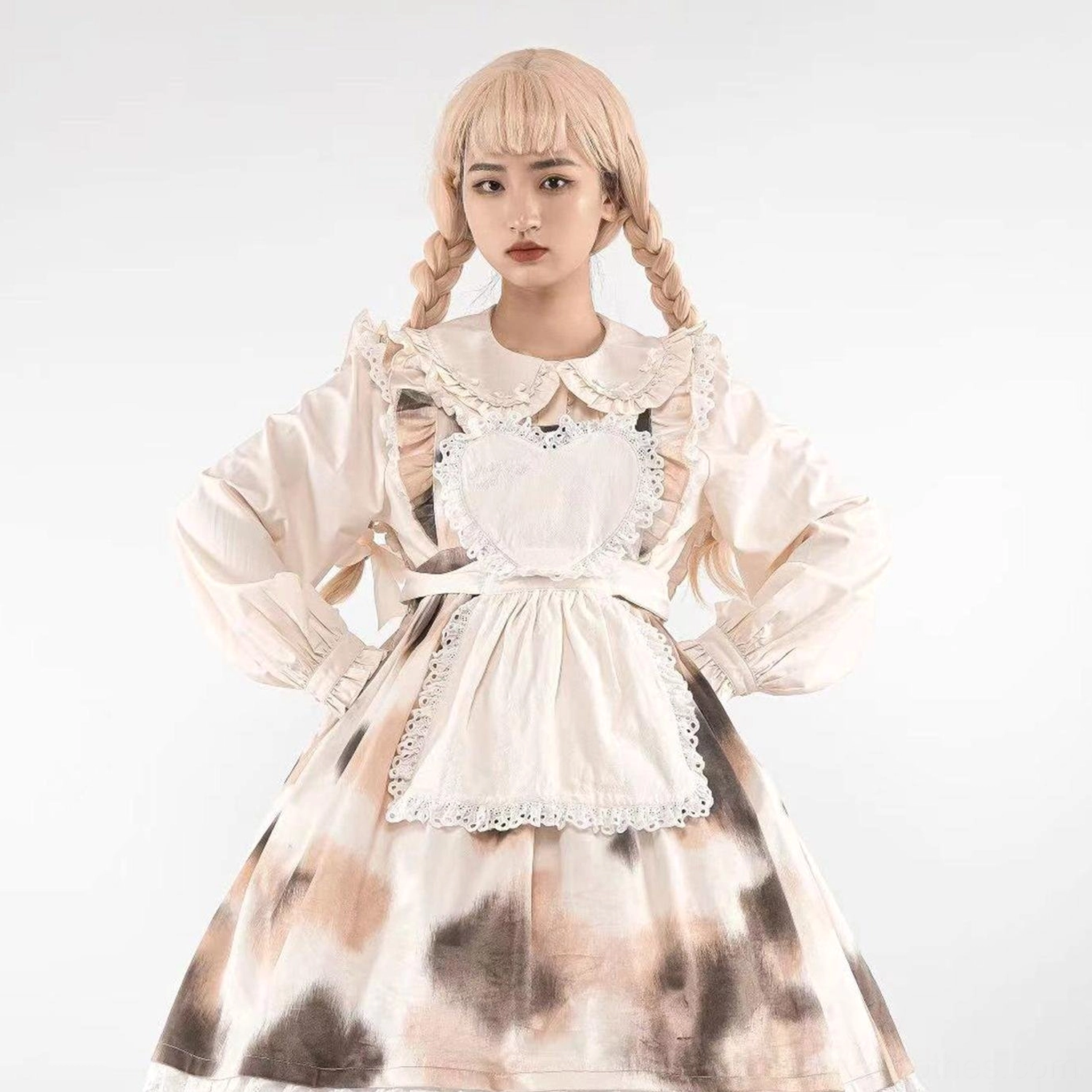 Cow print maid style lolita dress detachable lace apron heart shaped bubble sleeves doll collar brown cow spot