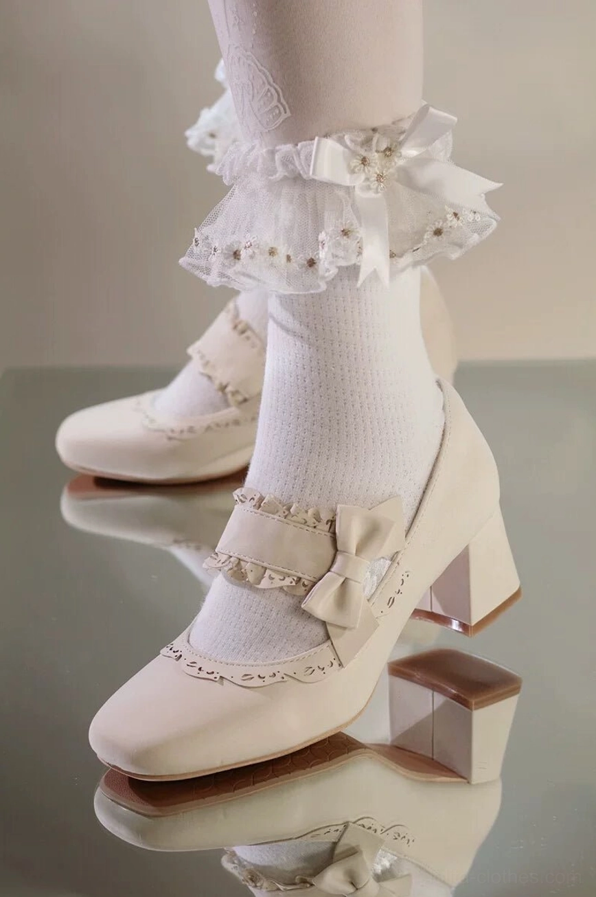 Cream apricot lolita chunky heel mary jane shoes with cutout trim details and elastic ankle strap design, soft pastel colorway perfect for sweet and classic lolita coordinate outfits