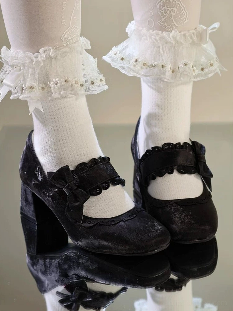 Cream apricot lolita mary jane chunky heels with soft pastel finish and delicate cutout trim details, perfect pairing for light-colored lolita dresses and sweet coordinate outfits