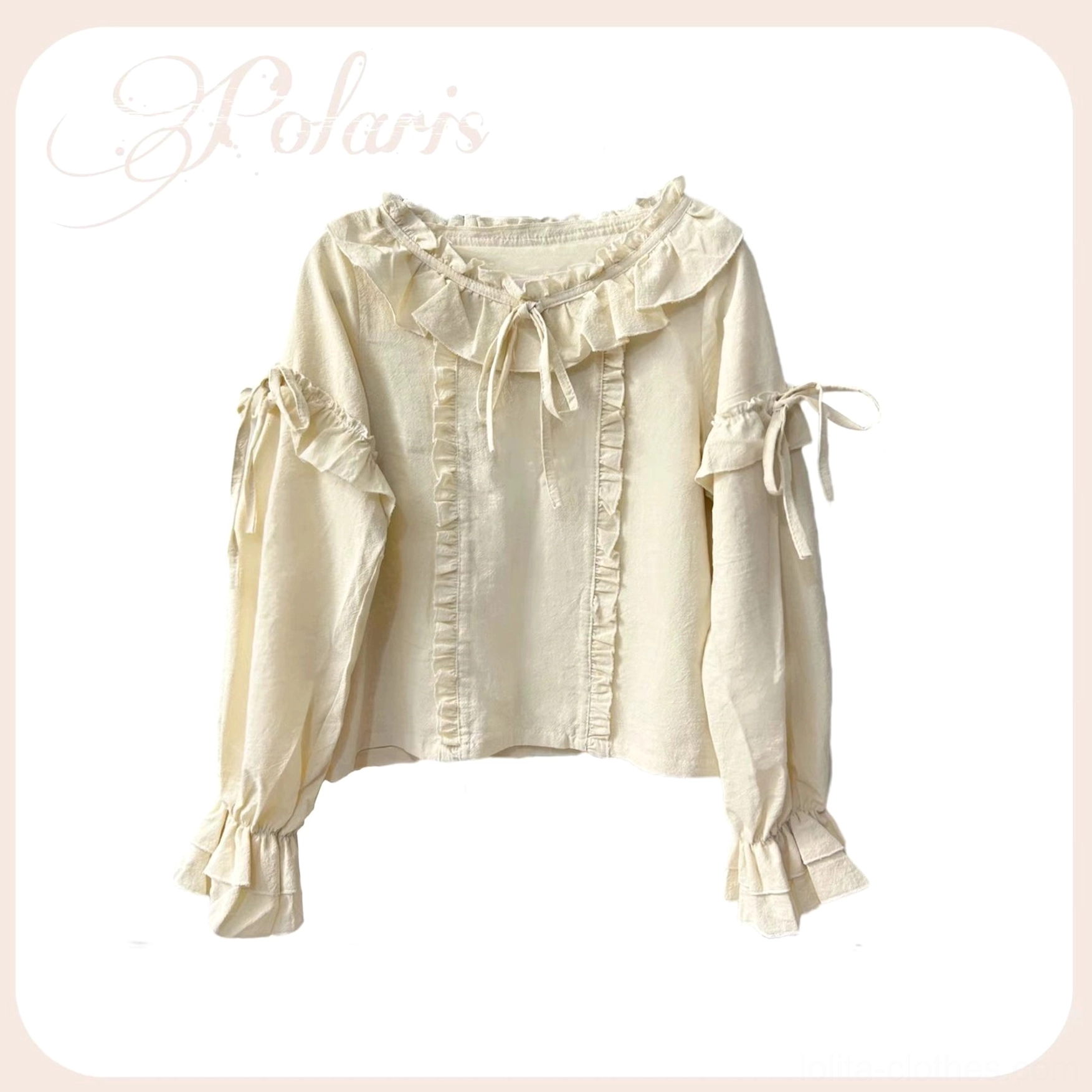 Flat lay product view of cream beige lolita blouse with ruffled neckline front lace-up panel and ruffled cuffs