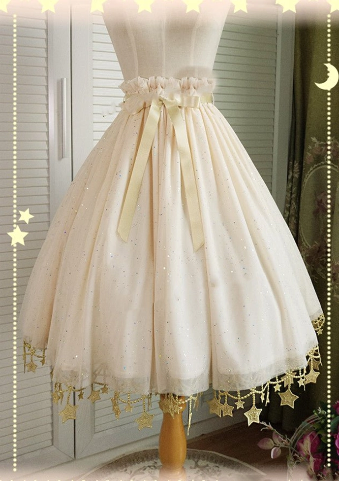 Cream beige lolita petticoat on mannequin with ruffled waist satin bow and gold star lace hem