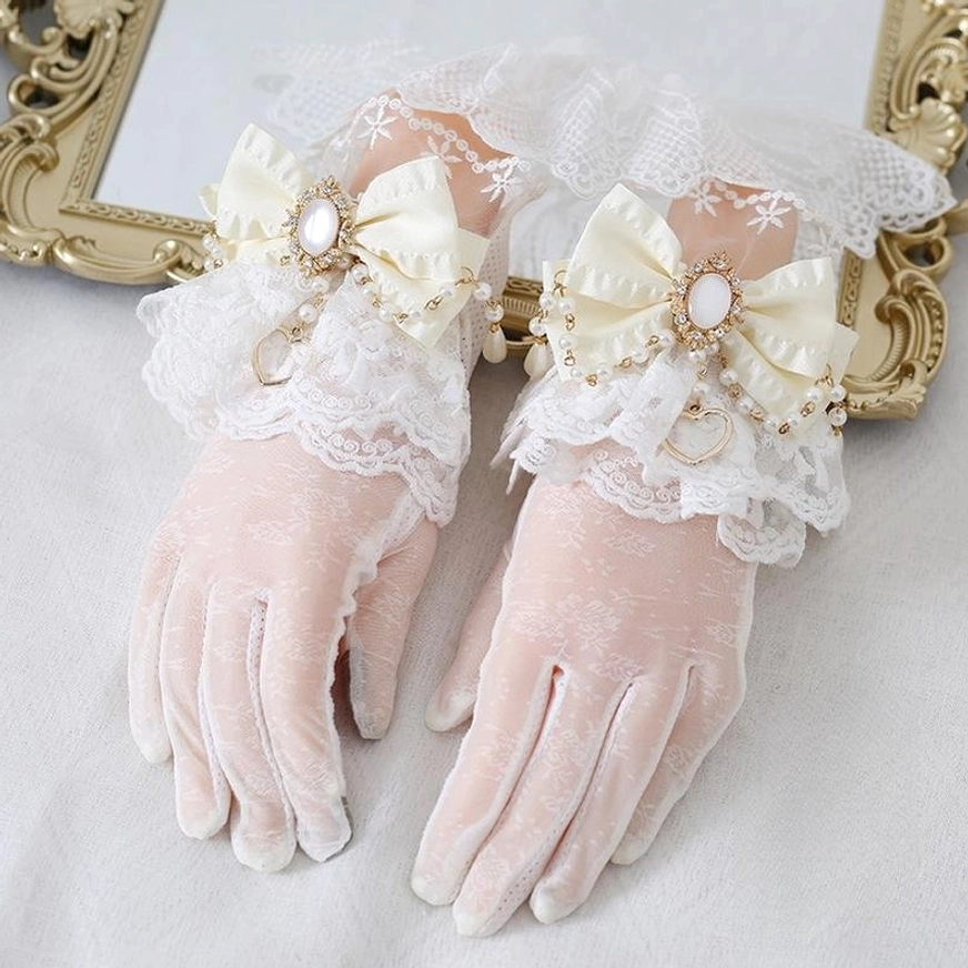 Cream beige satin bow with pearl brooch vintage lolita lace gloves white ruffled cuffs romantic heart pendants
