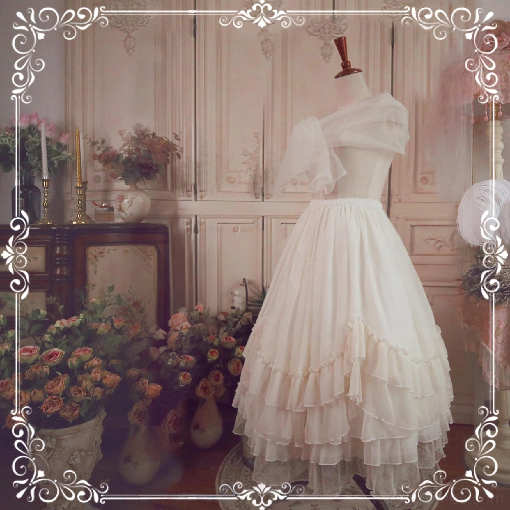 Cream beige tiered ruffled petticoat matching off-shoulder blouse set lolita coordinate vintage interior