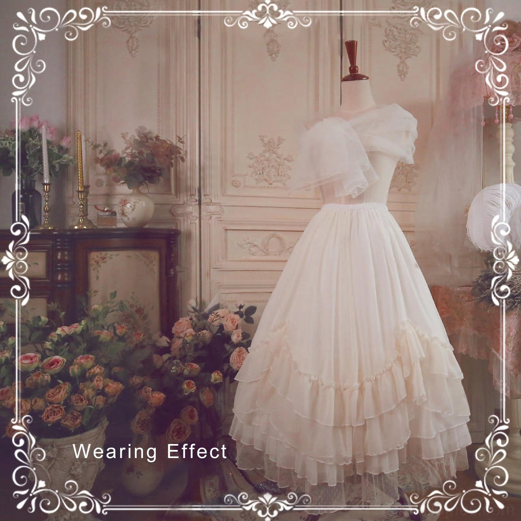 Cream beige tiered ruffled petticoat side view worn with off-shoulder ruffled blouse lolita coordinate outfit