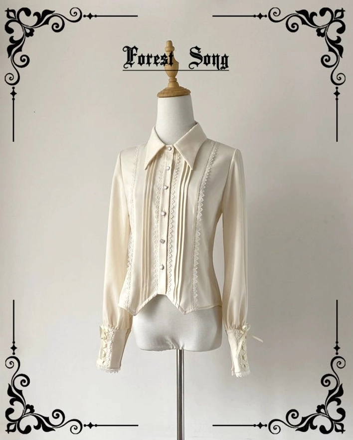 Cream beige ice silk composite Lolita pointed collar shirt with lace-trimmed pleated placket and curved waist hem, formal studio display on mannequin, front perspective showing vintage design details