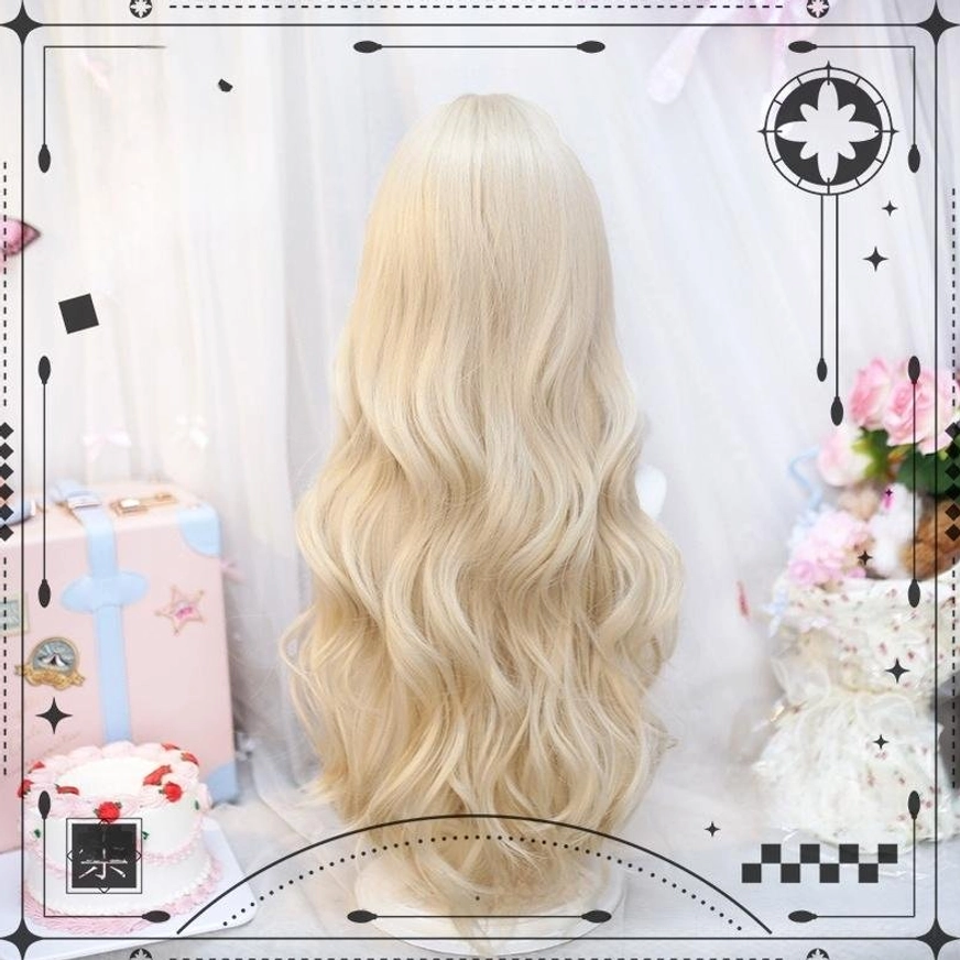 Cream blonde sweet lolita long wavy wig no ponytails back view loose natural wavy hair texture