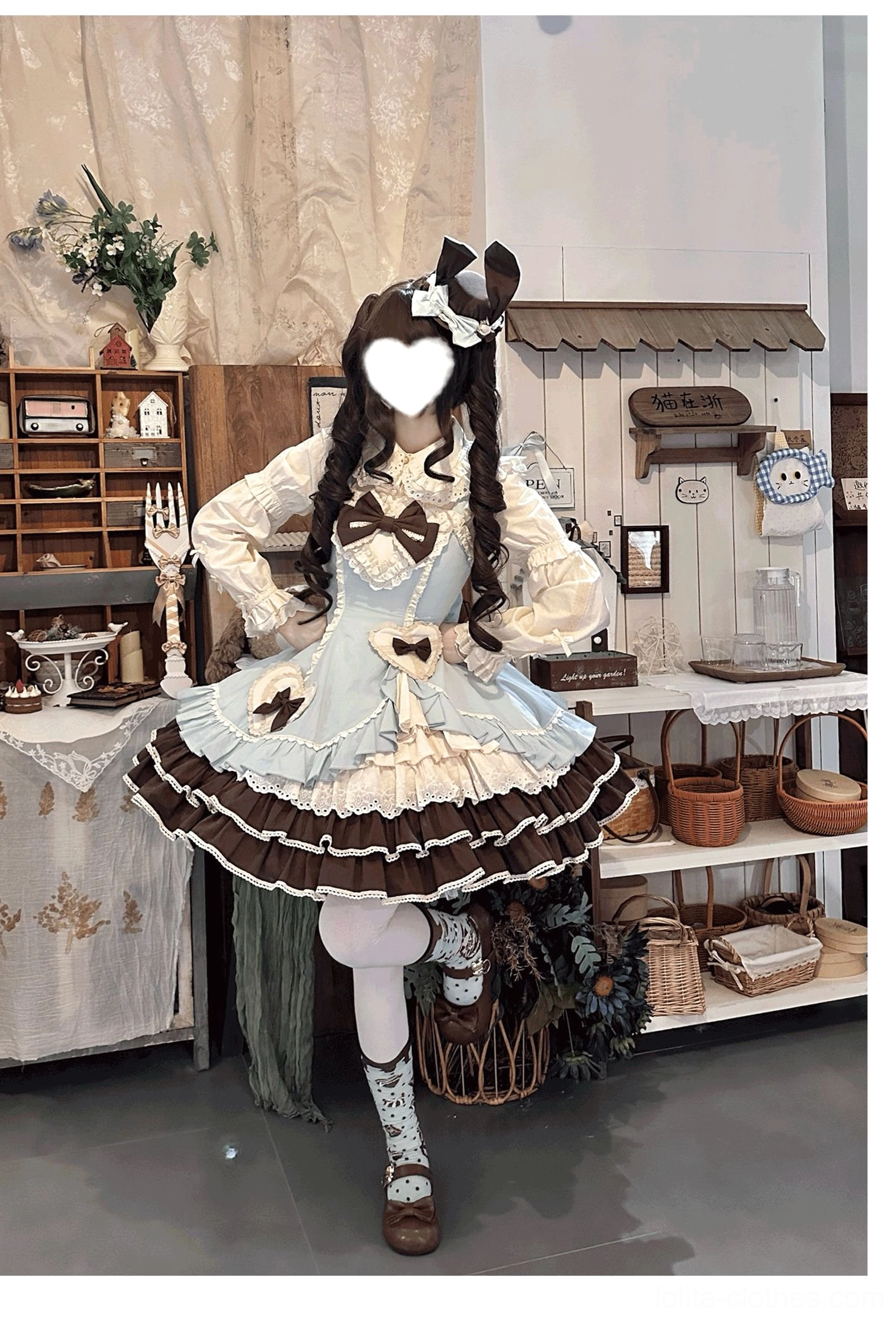Cream Bud tiered lolita jumper skirt blouse long sleeve puffed sleeves and ruffled cuffs design detail showcase