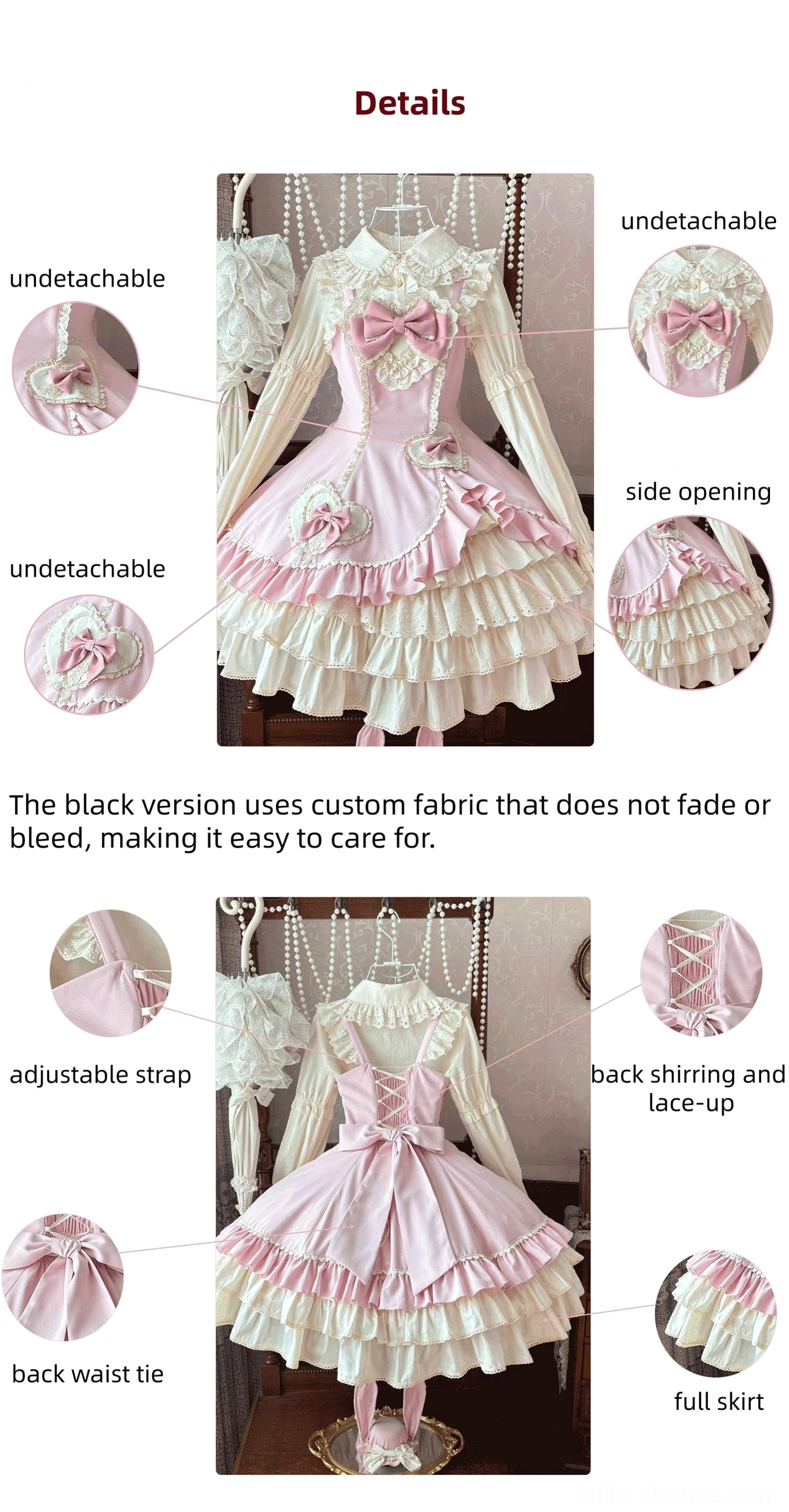 Cream Bud tiered old school lolita JSK product detail reference sheet showing construction features adjustable straps back lace-up