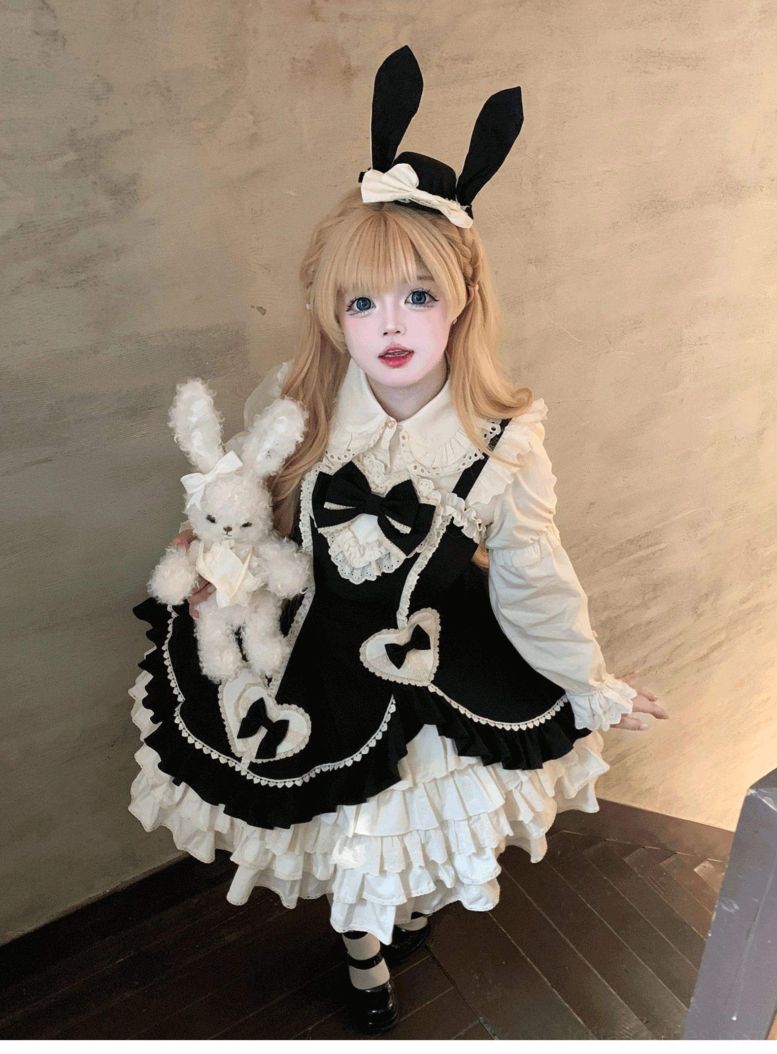 Cream Bud old school lolita JSK black colorway complete coordinate with matching blouse full length standing pose indoor setting