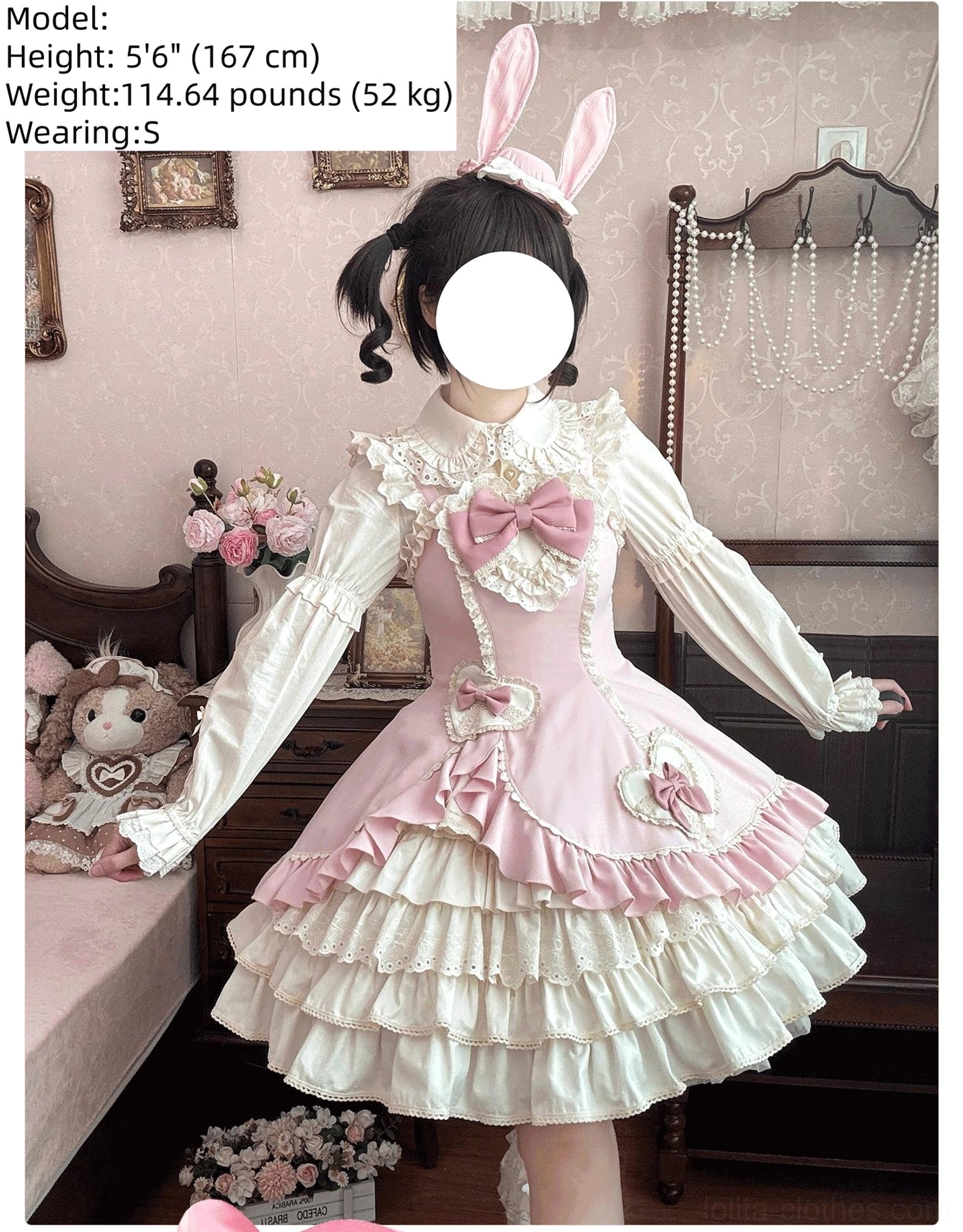 Cream Bud tiered hem lolita JSK pink ivory full front view vintage bedroom decor plush toys back lacing closure layered skirt