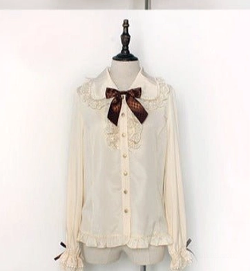 Cream white Chocolate Heart Lolita blouse front view on dress form with checkered bow ruffled collar and buttoned placket