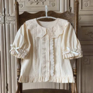 Cream embroidered lolita bunny blouse with floral doll collar front flat display vintage wooden chair