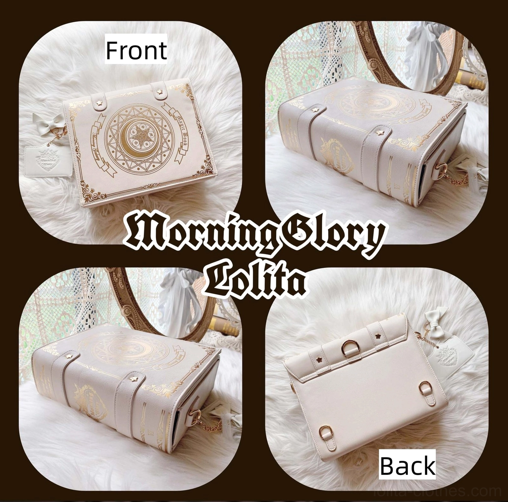 Cream magic book lolita bag multi-angle flat lay display showing front back design with star-shaped magnetic buckles on fluffy fur mat