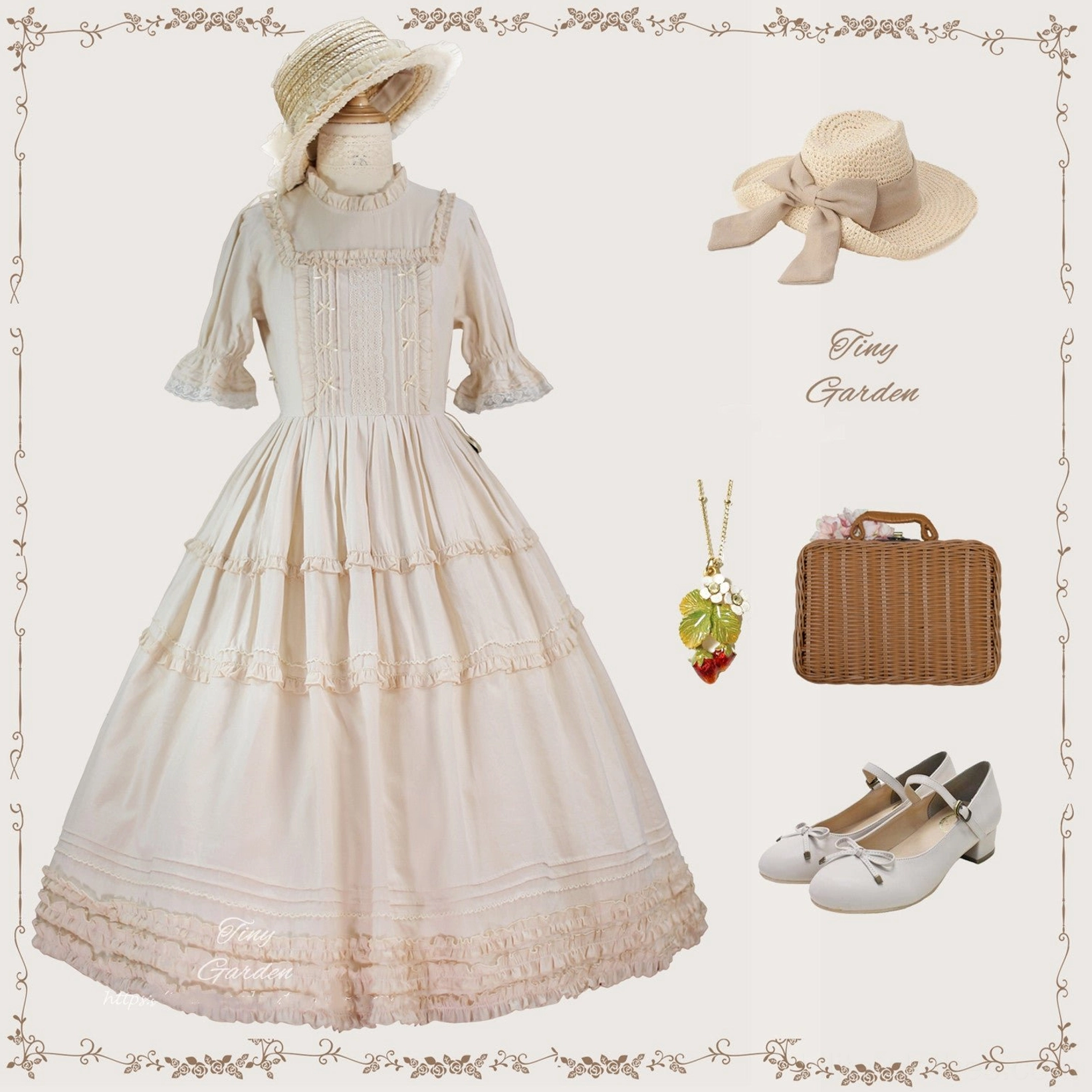 Cream beige ivory lolita dress with ruffled tiered skirt stand collar design shown on mannequin with vintage floral background