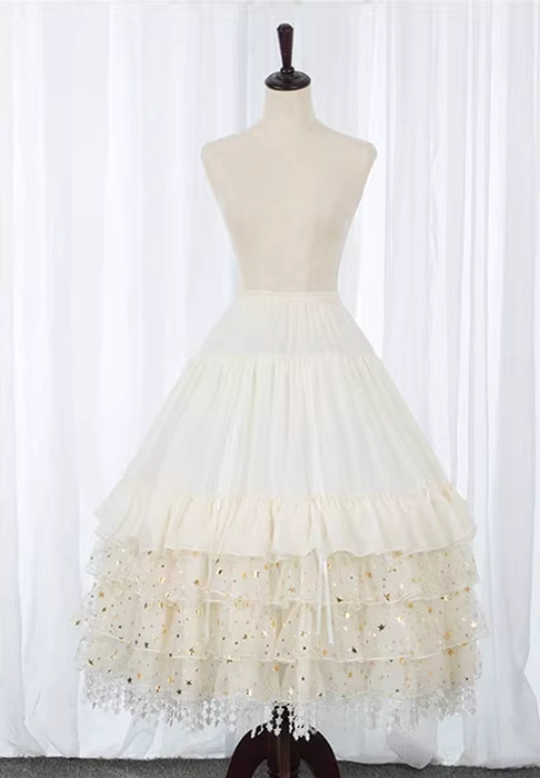 Cream ivory colored lolita hoop petticoat full front view on dress mannequin tiered ruffled silhouette sequin tulle with crochet tassel trim