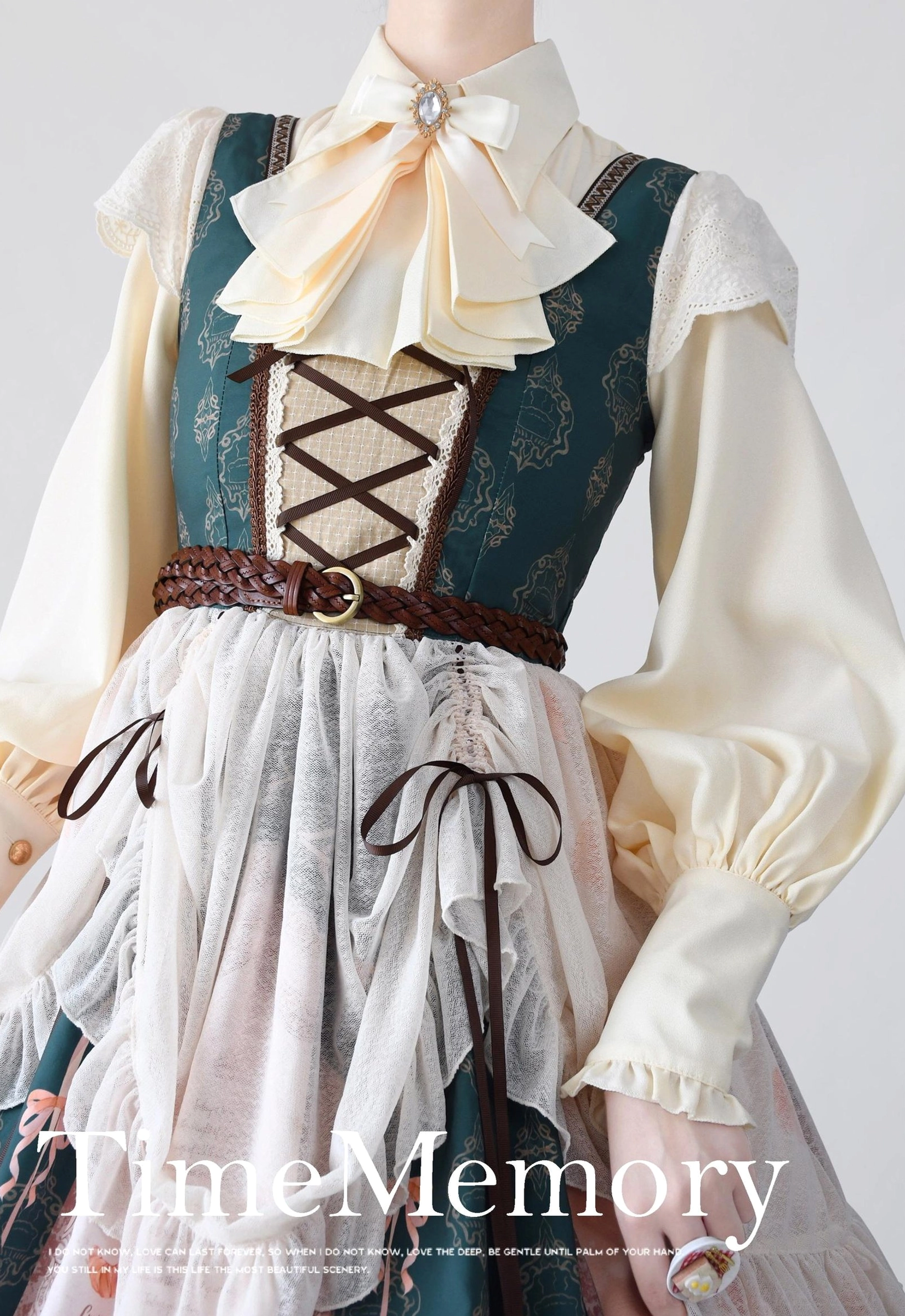 Cream ivory mutton sleeve Lolita blouse with large detachable neck bow corset vest style coordinate brown waist belt