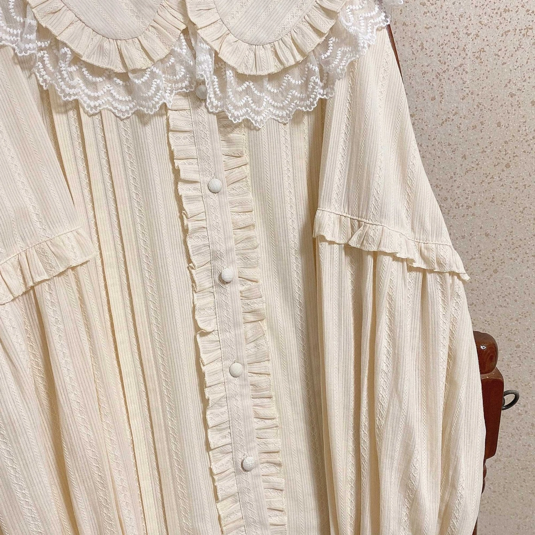 Cream Sweetheart Lolita Blouse Detail Shot Front Button Placket Ruffles and Striped Fabric Texture