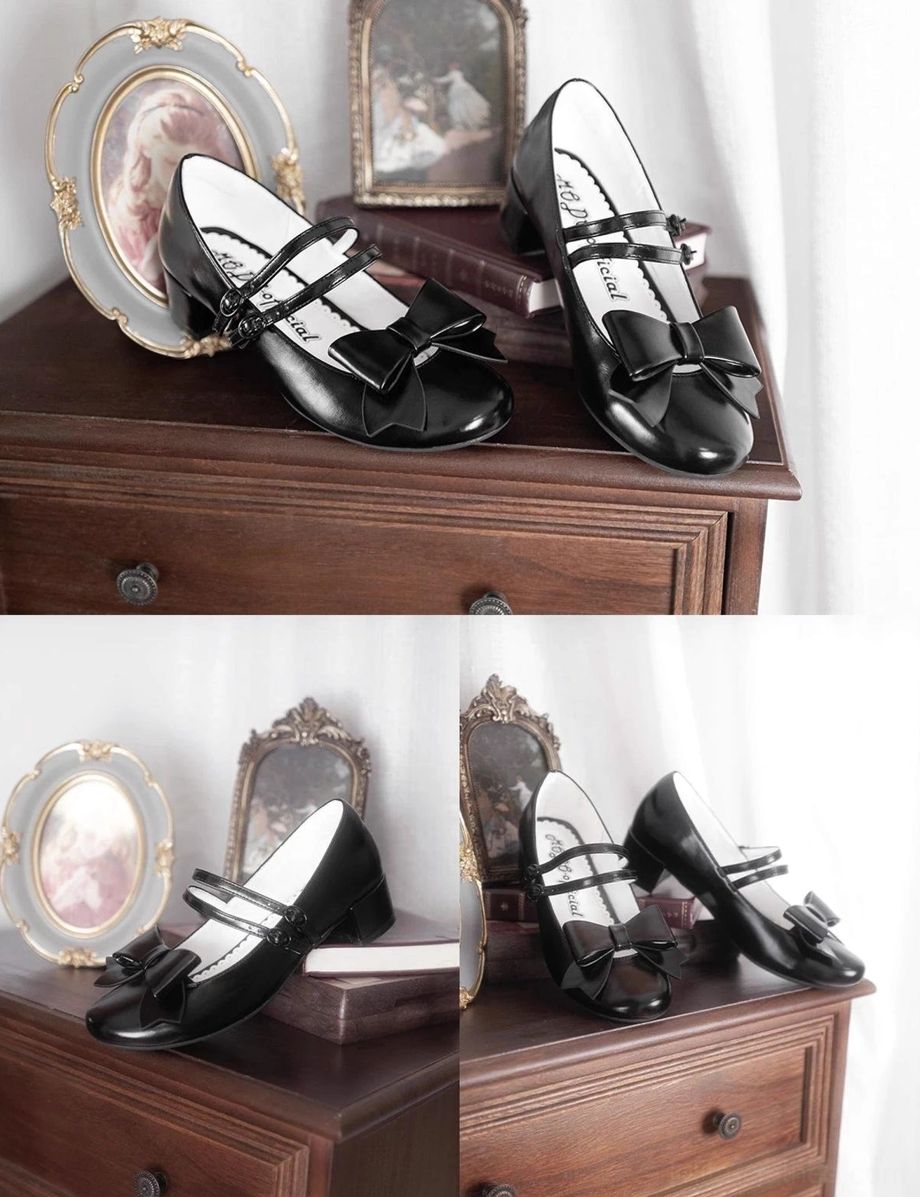Cream colored Lolita Mary Jane shoes with glossy finish low block heel and decorative bow strap displayed vintage tabletop photography classic Mary Jane style