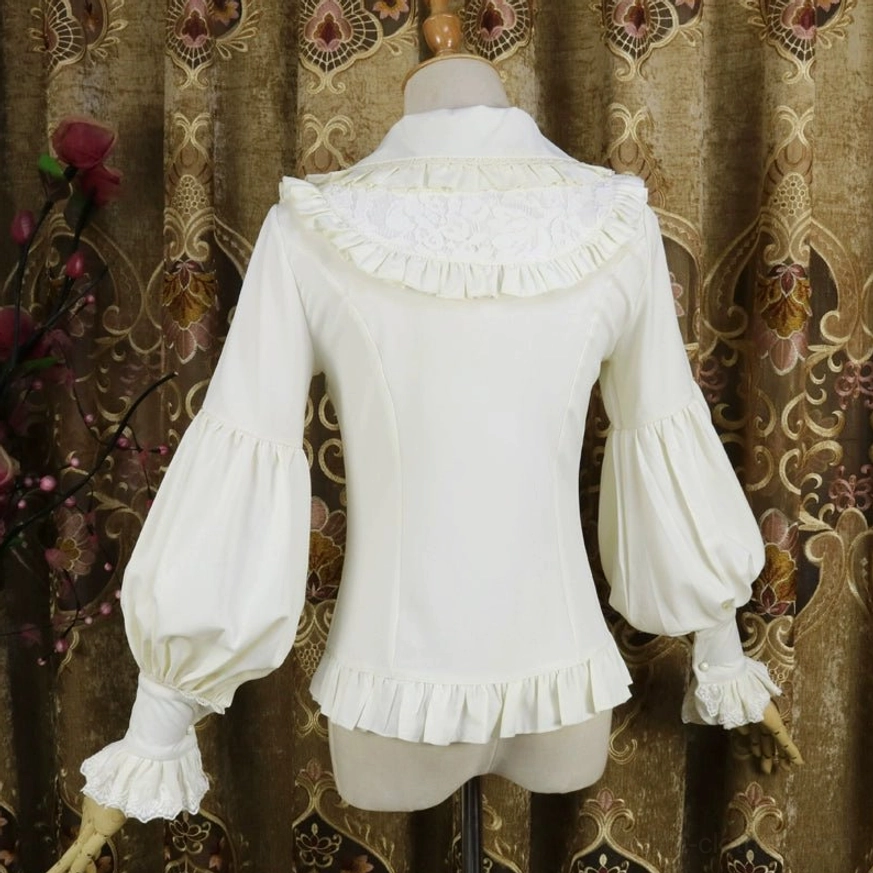 Cream white classic Lolita Peter Pan collar blouse back view showing fitted back silhouette, ruffled collar and lantern sleeve design