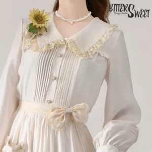 Close-up detailed view cream lolita dress bodice lace ruffled doll collar pearl buttons soft fabric texture sweet lolita aesthetic