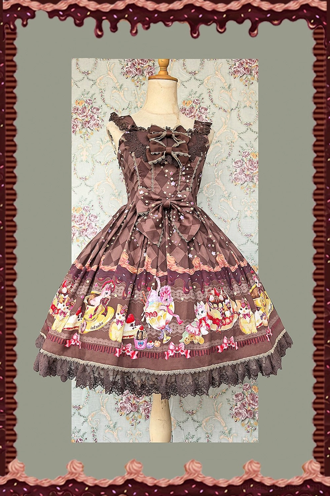 Dark brown sweet lolita jumper skirt front view featuring corset lace-up bodice, prominent front bow, dark ruffled lace hem, and cartoon cat dessert prints