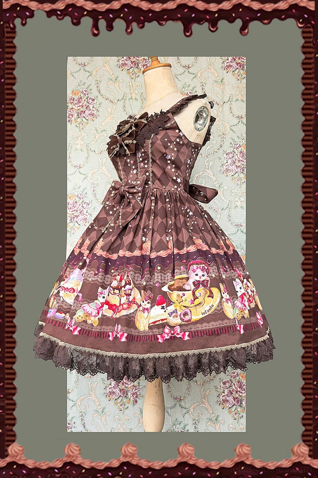 Dark brown sweet lolita jumper skirt side oblique view with one-shoulder lace strap, corset-style bodice, dark lace hem trim, and matching prints