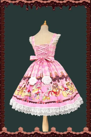 Pink sweet lolita jumper skirt back view featuring corset lace-up back, decorative back bow with paw print ending, and white ruffled lace hem