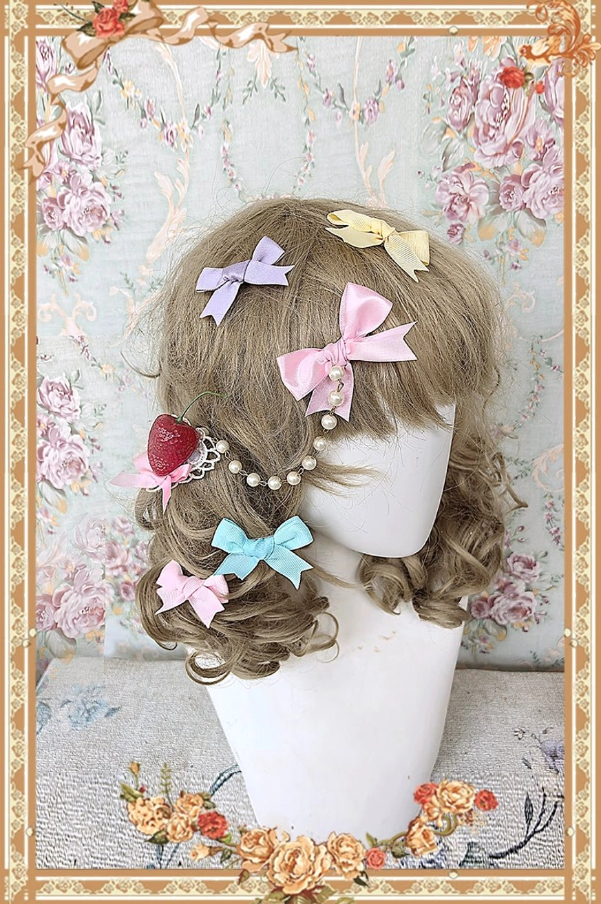 Cream meow sweet lolita jumper skirt badge accessories display showing available blue pink and coffee matching badge options