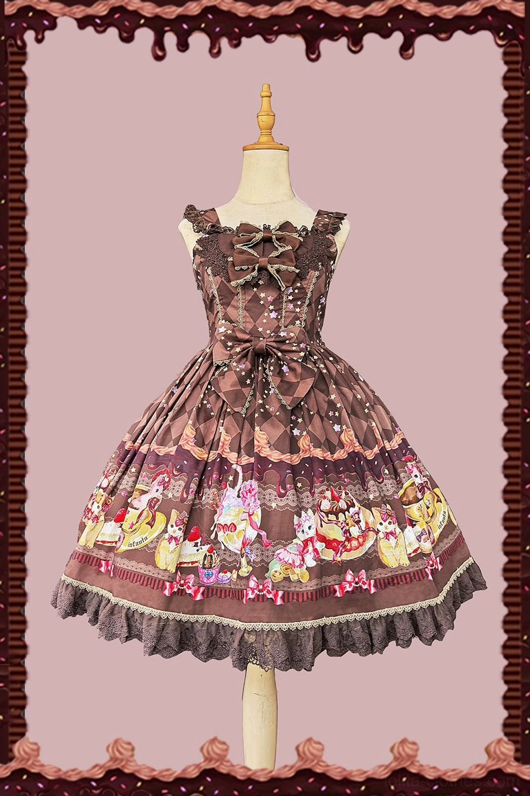 Cream meow sweet lolita jumper skirt detailed fabric texture close-up showcasing cotton sateen material, cat print pattern, and lace trim quality