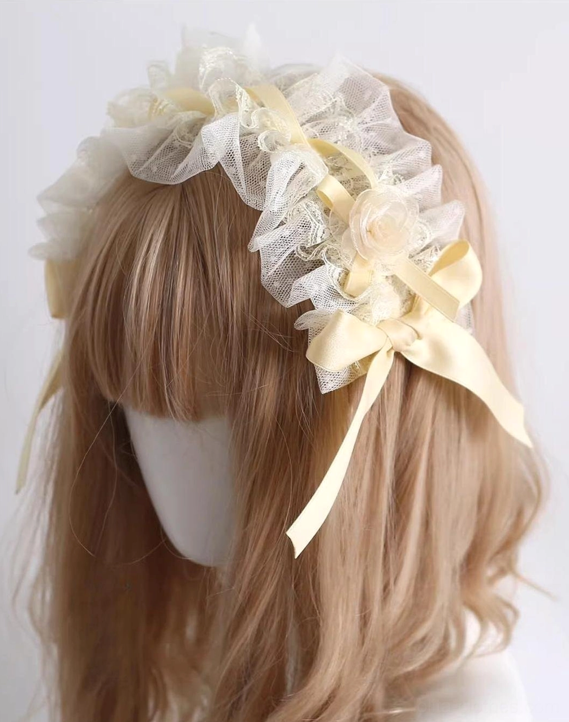cream-mesh-lace-lolita-hairband-accessory-with-beige-satin-bow-fabric-flower-asymmetrical-sweet-lolita-styling-left-side