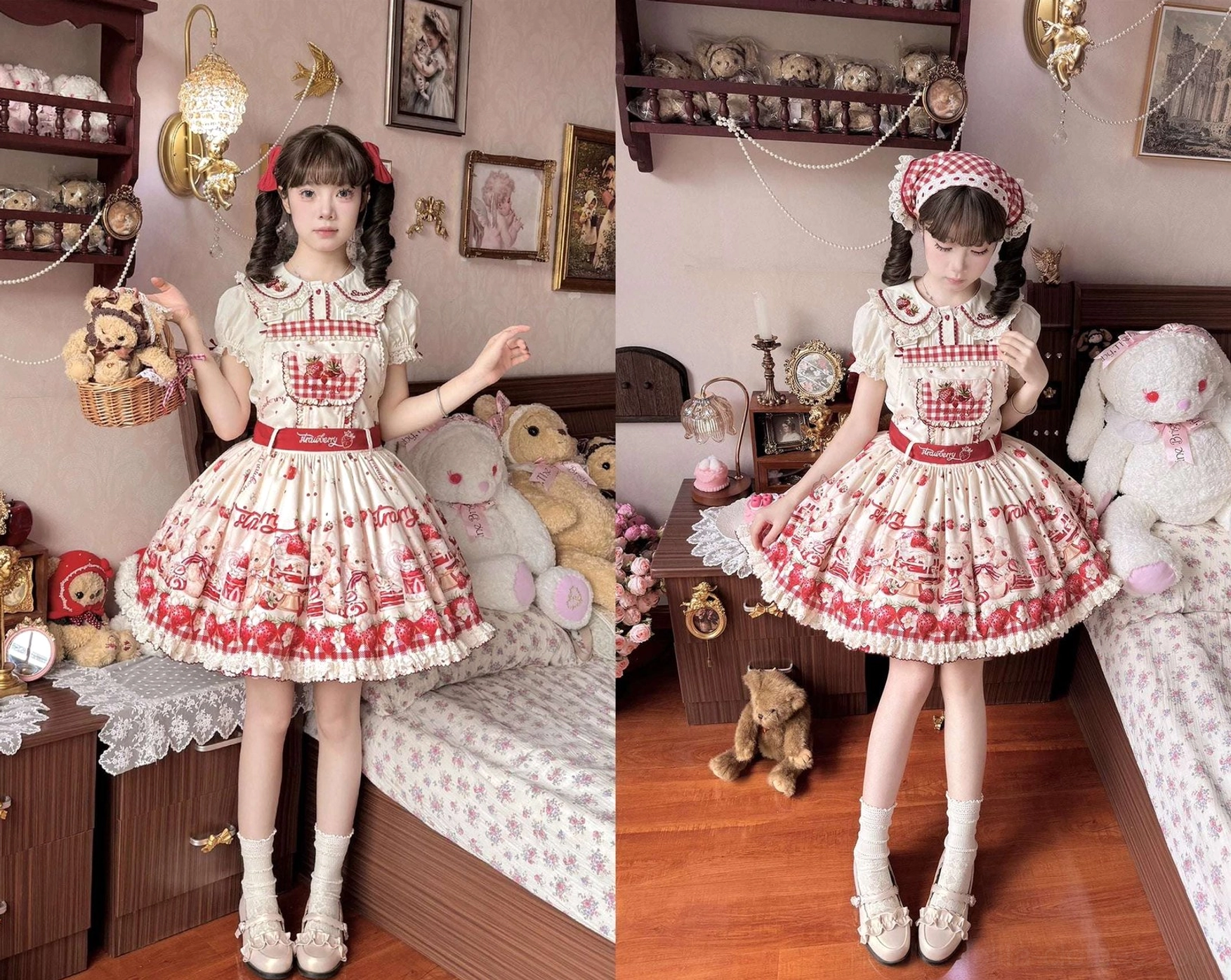 Cream-red sweet lolita salopette jsk styling suggestion with vintage accessories, hair ornaments and coordinating lolita fashion aesthetic for tea party occasion