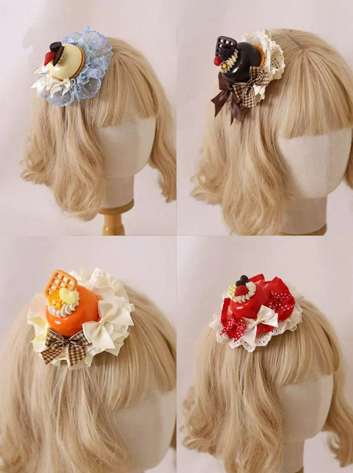 Cream strawberry dessert Lolita headdress close-up flat lay with white mousse cake strawberry chocolate cookie large light yellow satin bows and lace ruffles