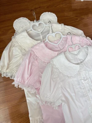 Cream sweet Lolita blouse collection with Peter Pan collar embroidery multiple colorway options flat lay display