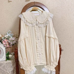 Beige Cream Sweetheart Bubble Sleeve Lolita Blouse with Double Lace Doll Collar and Bishop Sleeves Front Display