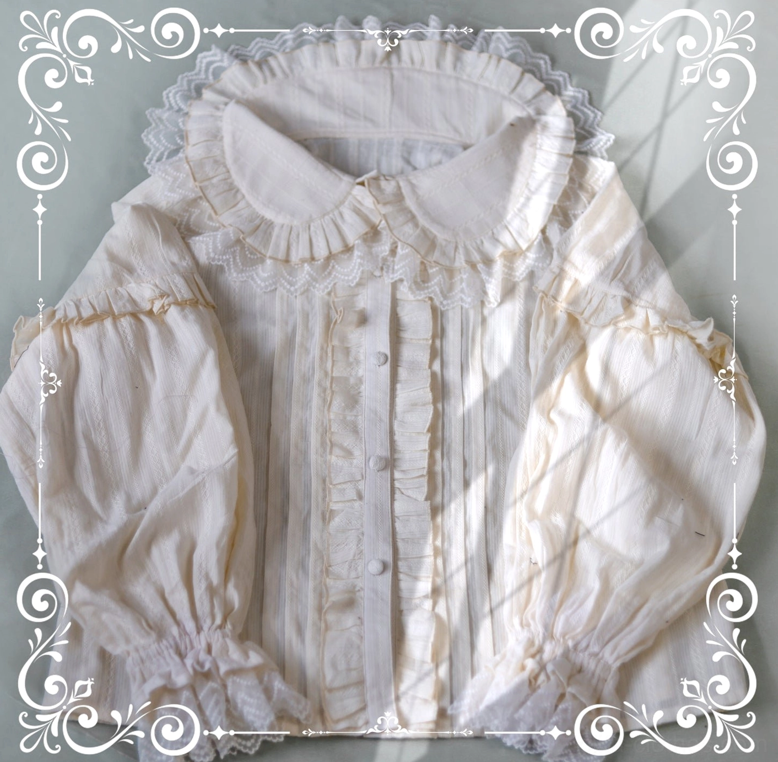 Cream Sweetheart Lolita Blouse Alternate Angle Ruffled Details Full Body Display Sweet Lolita