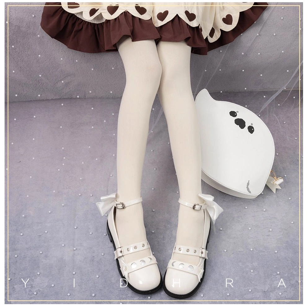 Cream milk-white velvet Lolita tights with brown heart-cutout skirt and cute cat-shaped prop bag - sweet Lolita aesthetic