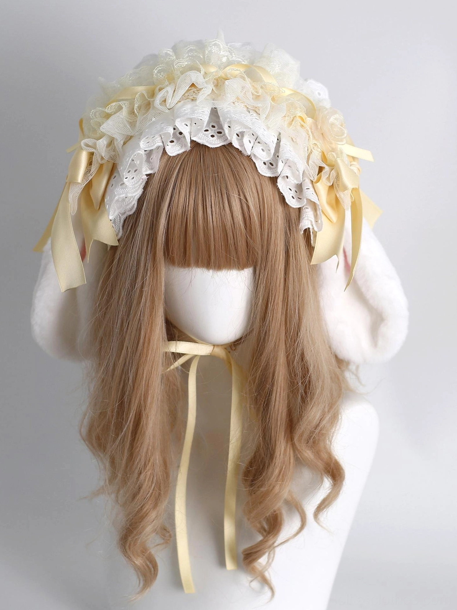 cream-white-eyelet-lace-bunny-ear-lolita-hairband-2-in-1-combination-beige-satin-bows-front-three-quarter-view