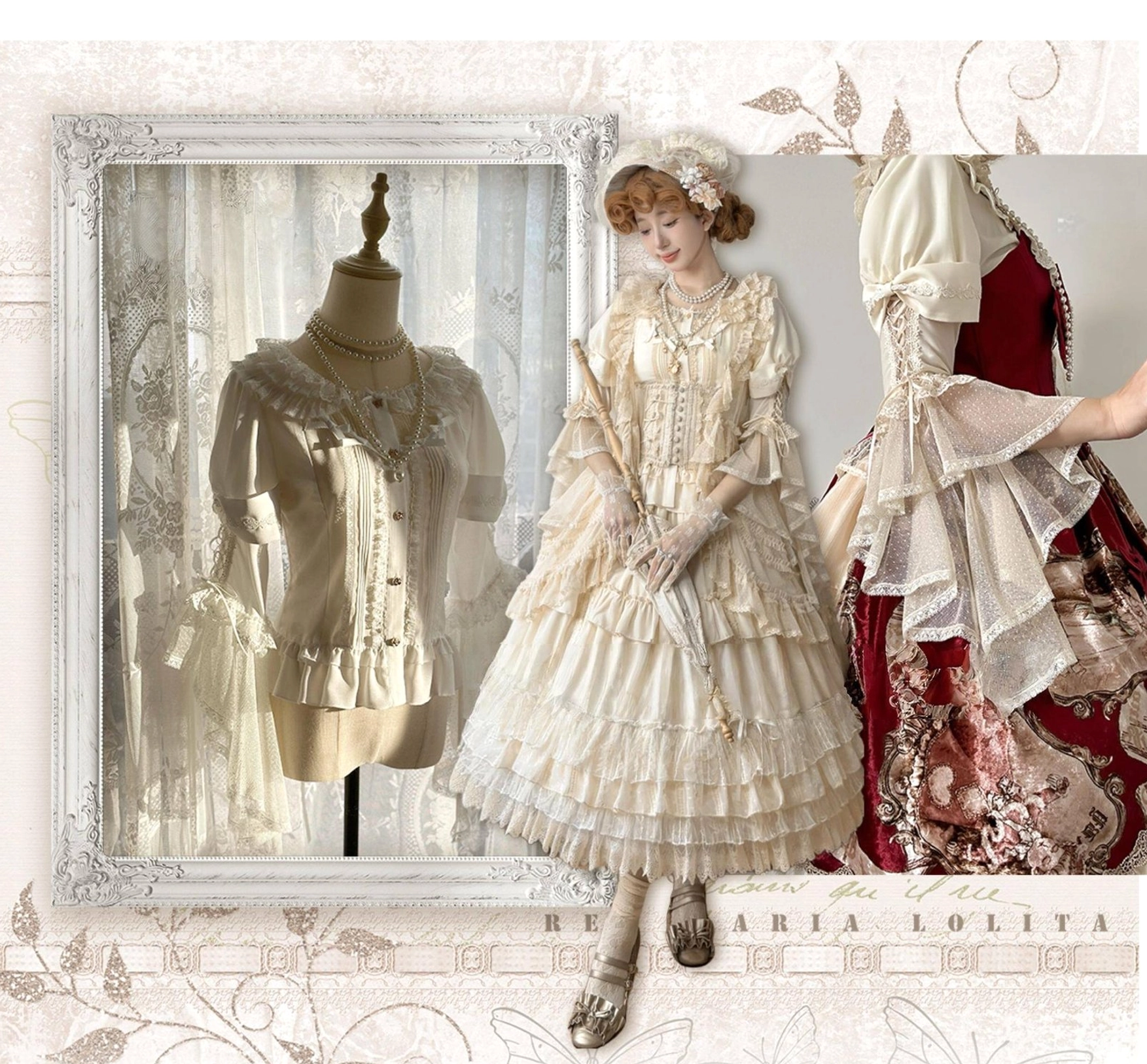 Creamy white lolita blouse with ruffled hime sleeves paired with wine red layered ruffled skirt, mannequin and model display with pearl necklace on vintage photo frame backdrop