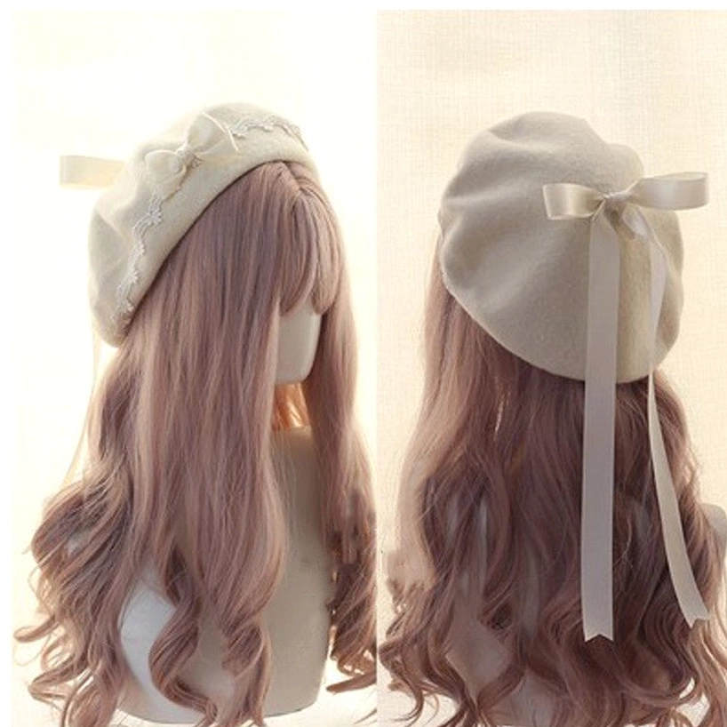Cream white lolita beret with detachable navy blue bow and lace trim front and back view