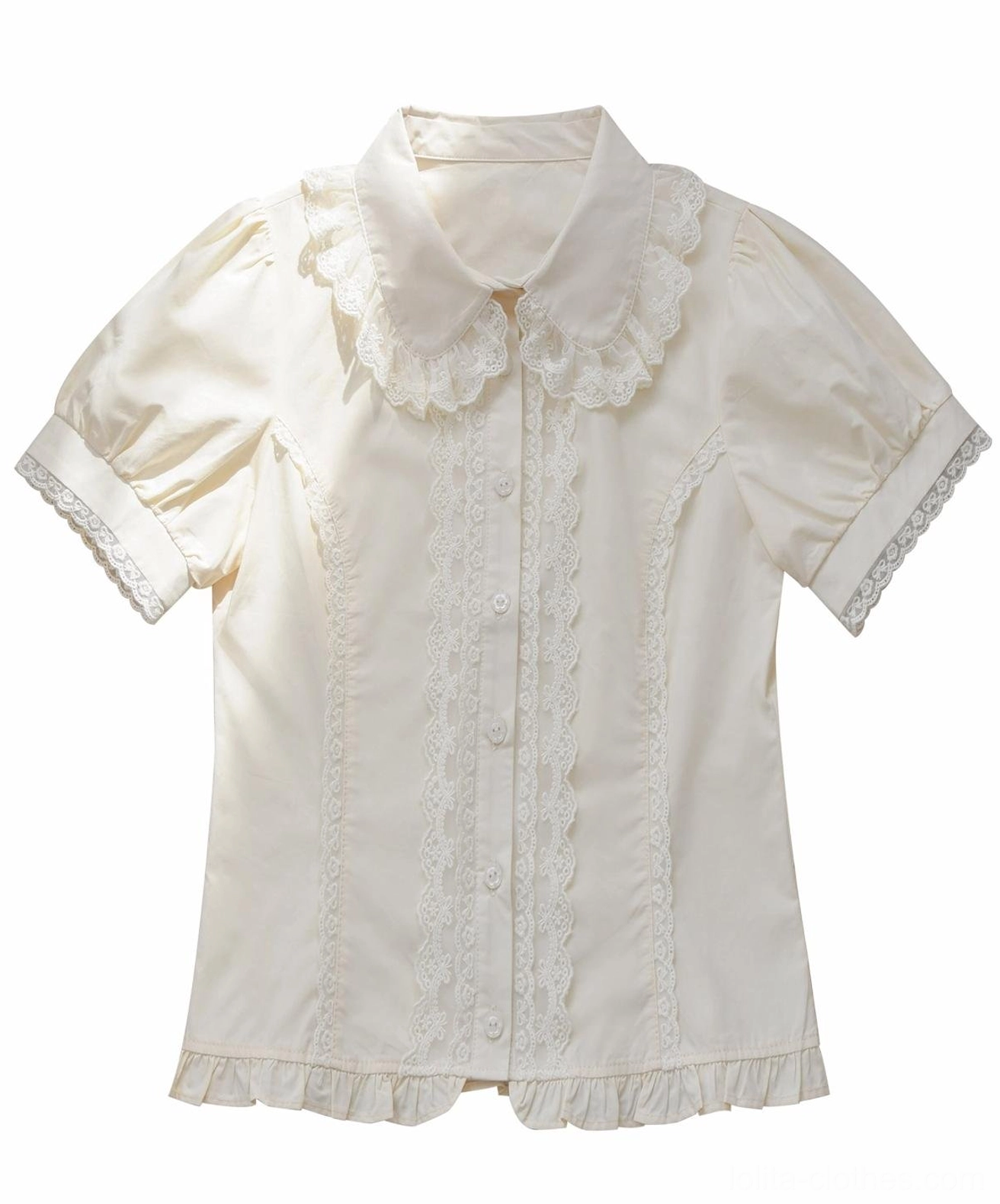 Cream white vintage Lolita short-sleeve blouse with lace ruffled Peter Pan collar puff sleeves and button front closure flat lay white background