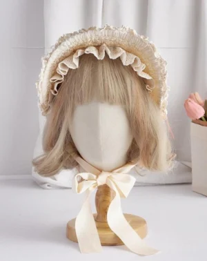 cream-white-classic-lolita-bnt-bonnet-headdress-front-view-with-ruffled-lace-trim-and-satin-neck-ribbon
