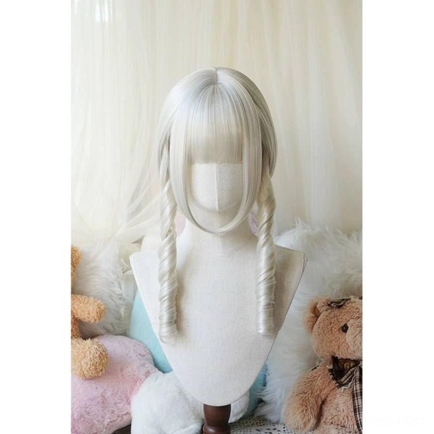 Cream white Lolita bob wig with detachable spiral ringlet ponytails shown on mannequin with plush toy warm background aesthetic